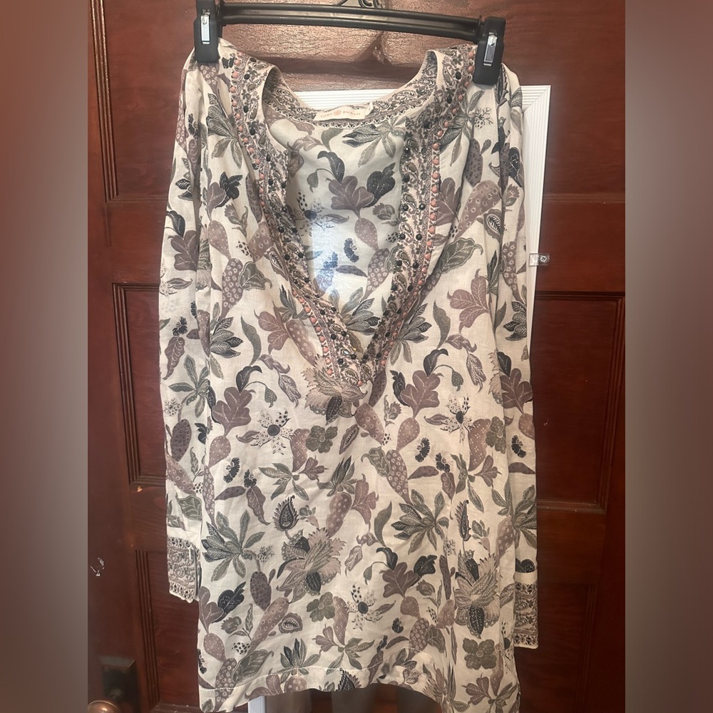 Tory Burch Floral Print Tunic in Cream and Brown